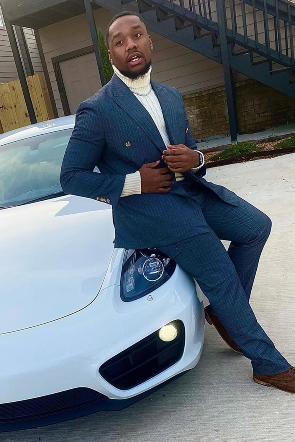 Navy Stripe Peak Lapel Slim Fit 2 Piece Men's Prom Homecoming Suits