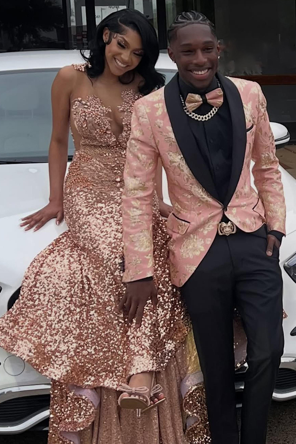 Pink Jacquard Shawl Lapel Slim Fit 2 Piece Men's Prom Homecoming Suits