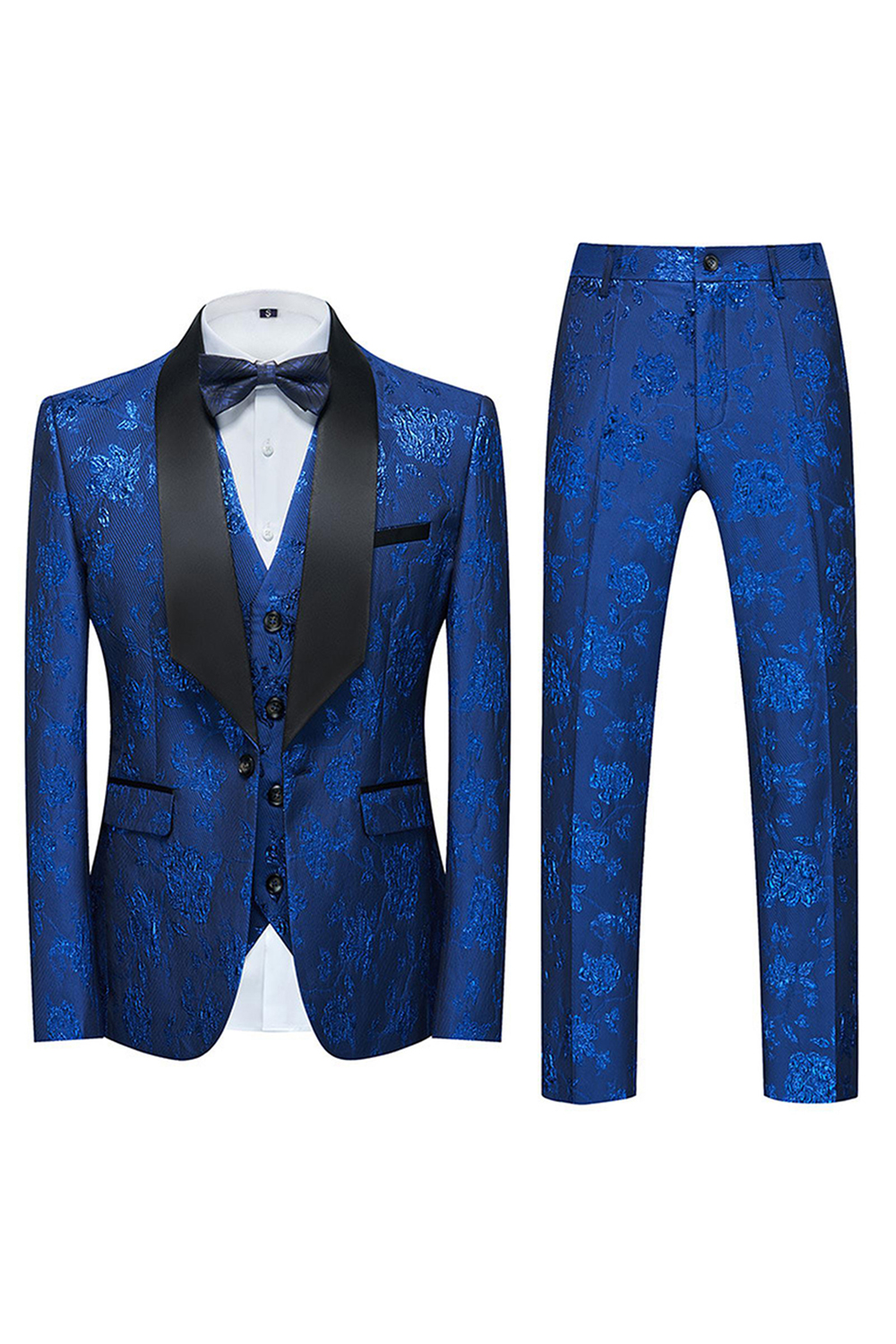 Blue Jacquard Shawl Lapel Slim Fit 3 Piece Men's Prom Homecoming Suits