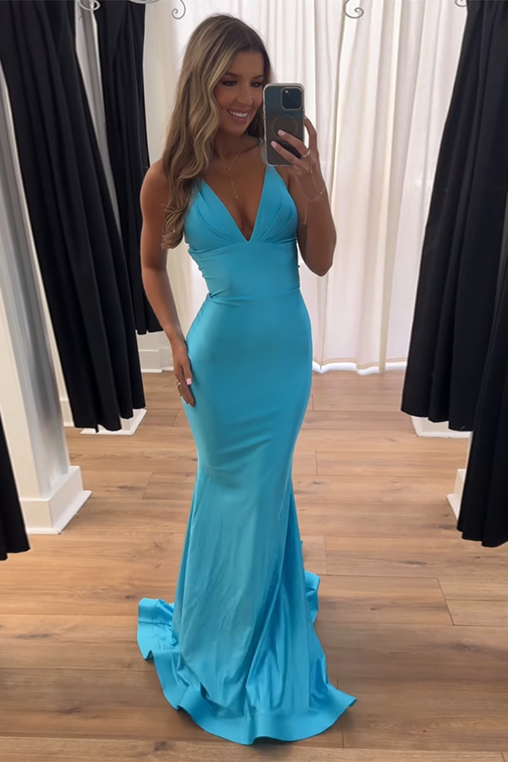Light Blue Mermaid Deep V-Neck Backless Long Prom Dress