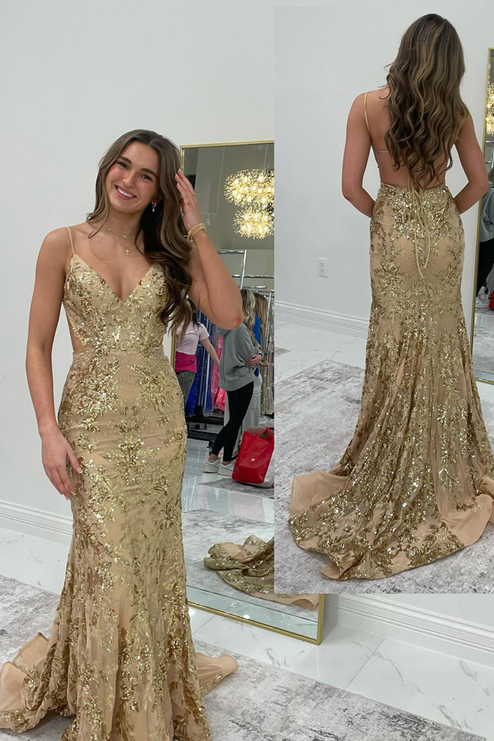 Sparkly Blue Mermaid Sequins Long Backless Prom Dress