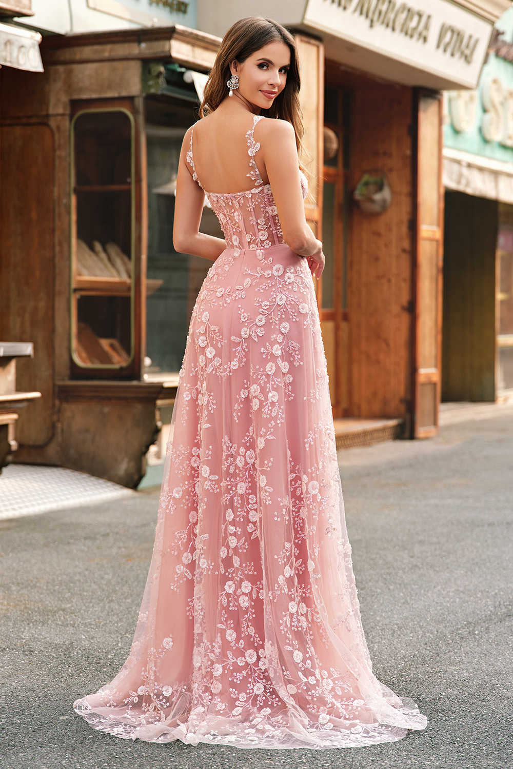 Blush Floral Corset A-Line Long Lace Prom Dress with Slit