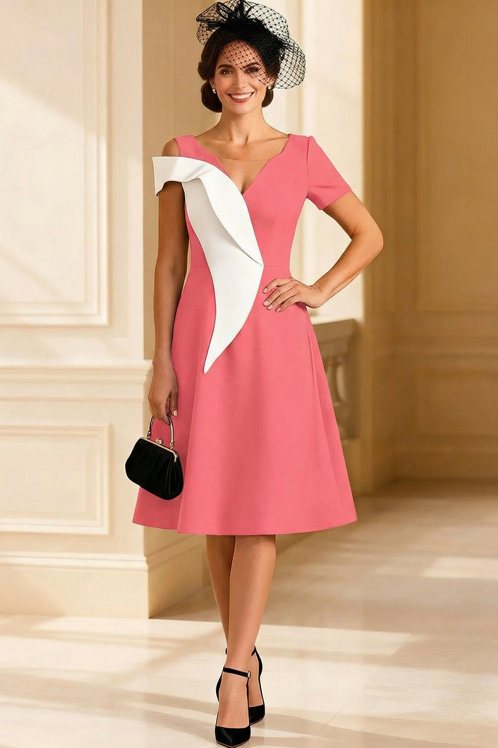 V Neck Black and White A Line Midi Mother of the Bride Dress