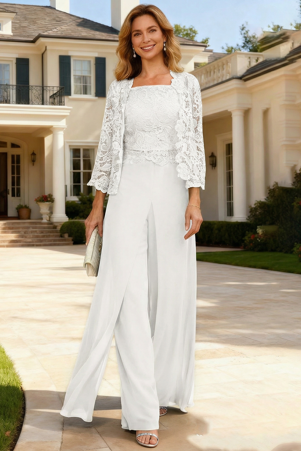 Dark Green Chiffon Square Neck 3-Piece Mother Of The Bride Pant Suits with Jacket