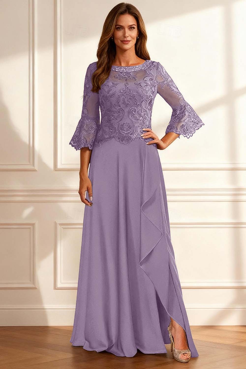 Sparkly Coffee Beaded Ruffled A Line Floor-Length Mother of the Bride Dress with Lace