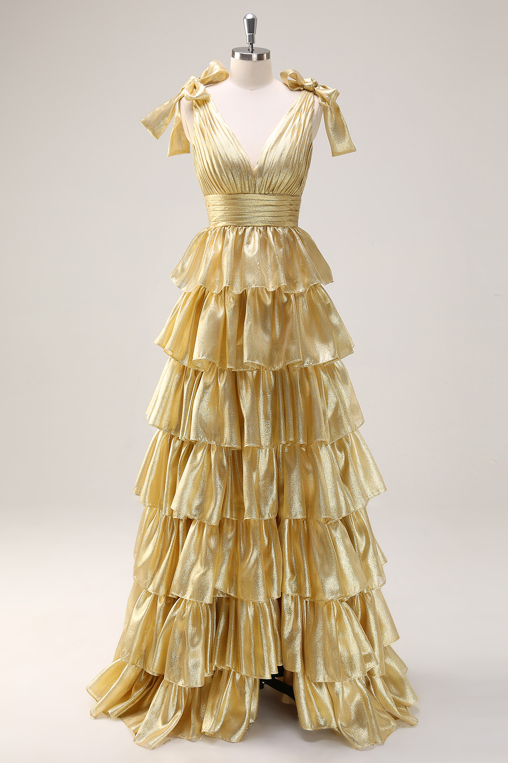 Gold A Line V Neck Backless Long Ruffled Prom Dress with Slit
