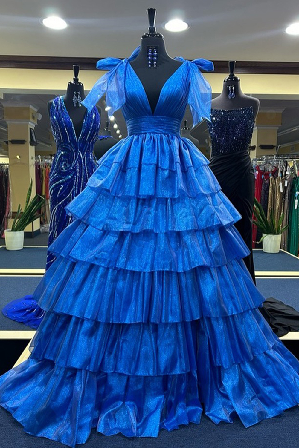 Glitter Hot Pink A Line V Neck Backless Long Tiered Prom Dress with Slit