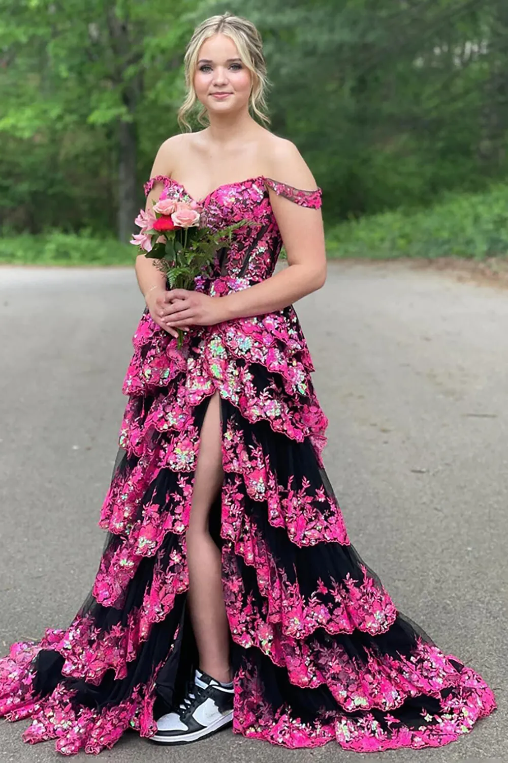 Sparkly Fuchsia Tiered Long Lace Prom Dress with Slit