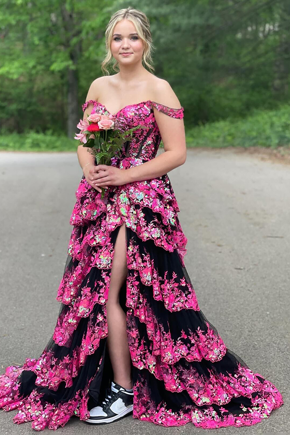 Black Off The Shoulder Tiered Prom Dress