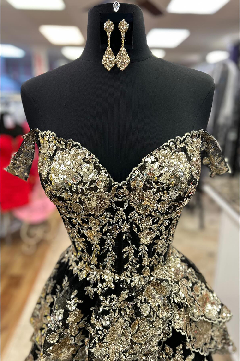 Black Off The Shoulder Tiered Prom Dress