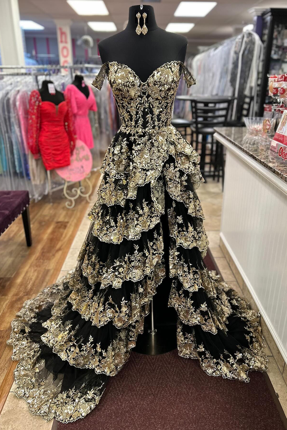 Black Off The Shoulder Tiered Prom Dress