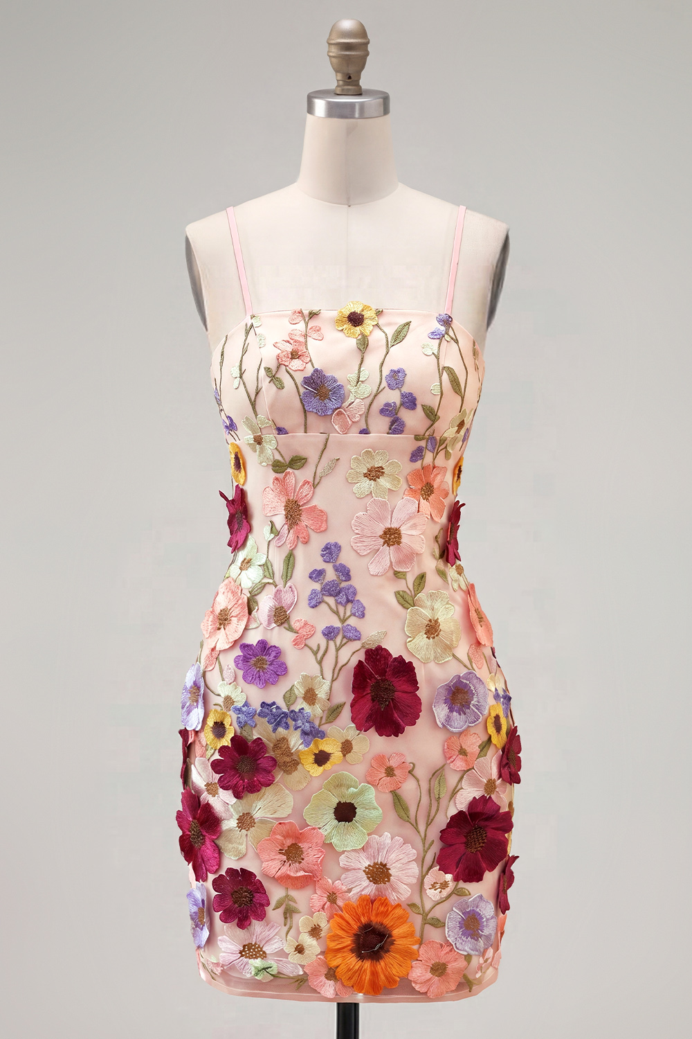 Sheath Spaghetti Straps Blush Homecoming Dress with 3D Flowers