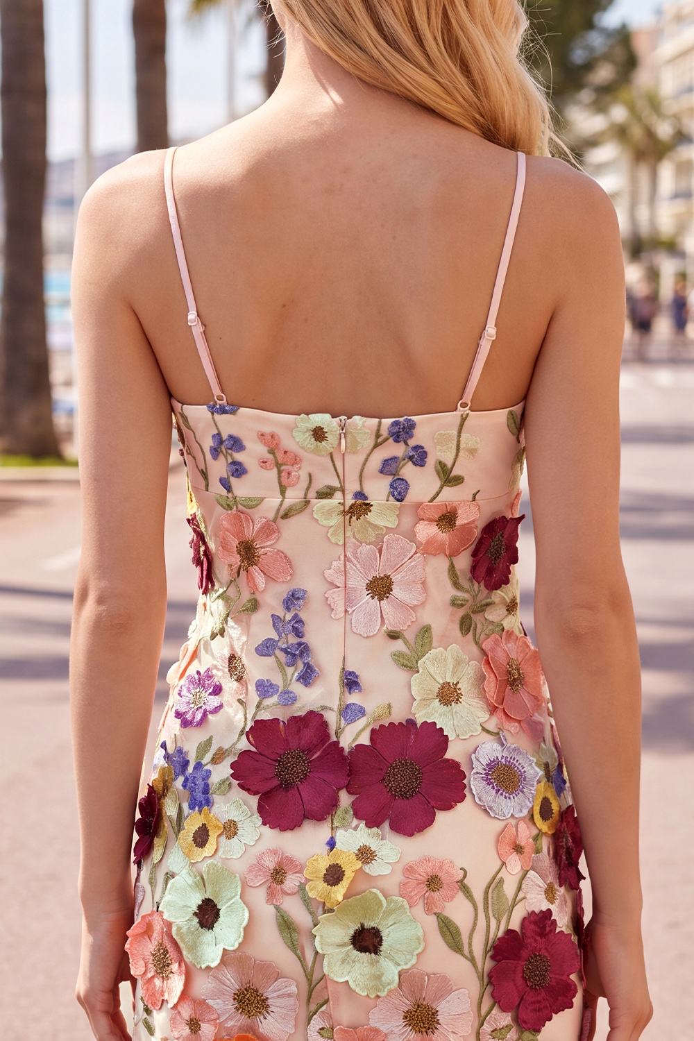 Sheath Spaghetti Straps Blush Homecoming Dress with 3D Flowers