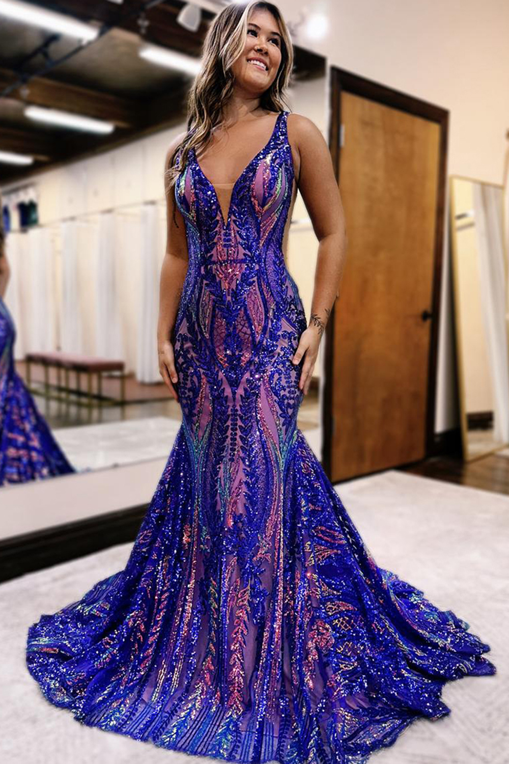 Sparkly Blue Metallic Long Backless Sequins Prom Dres with Slit