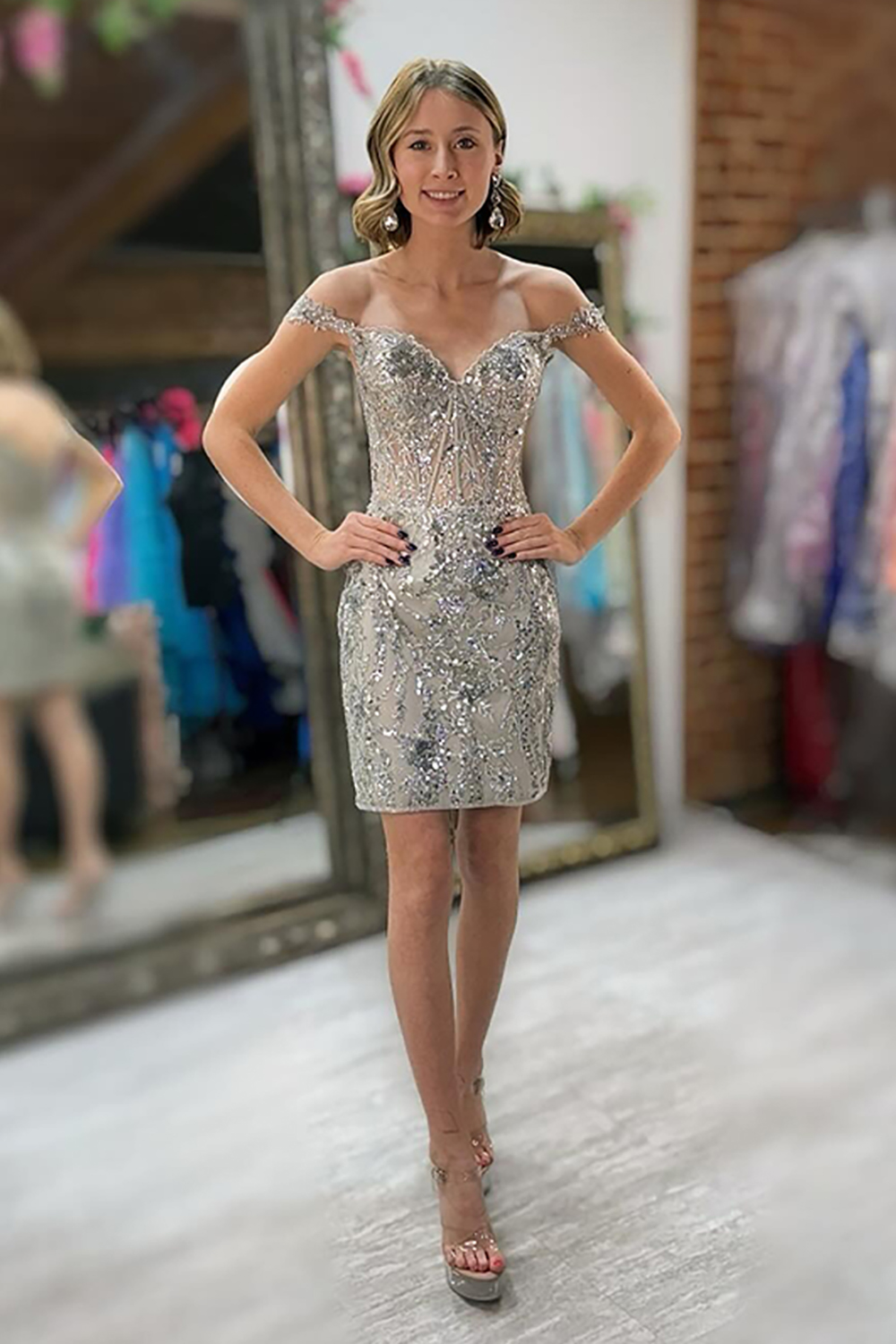 Sparkly Golden Off The Shoulder Corset Tight Short Homecoming Dress