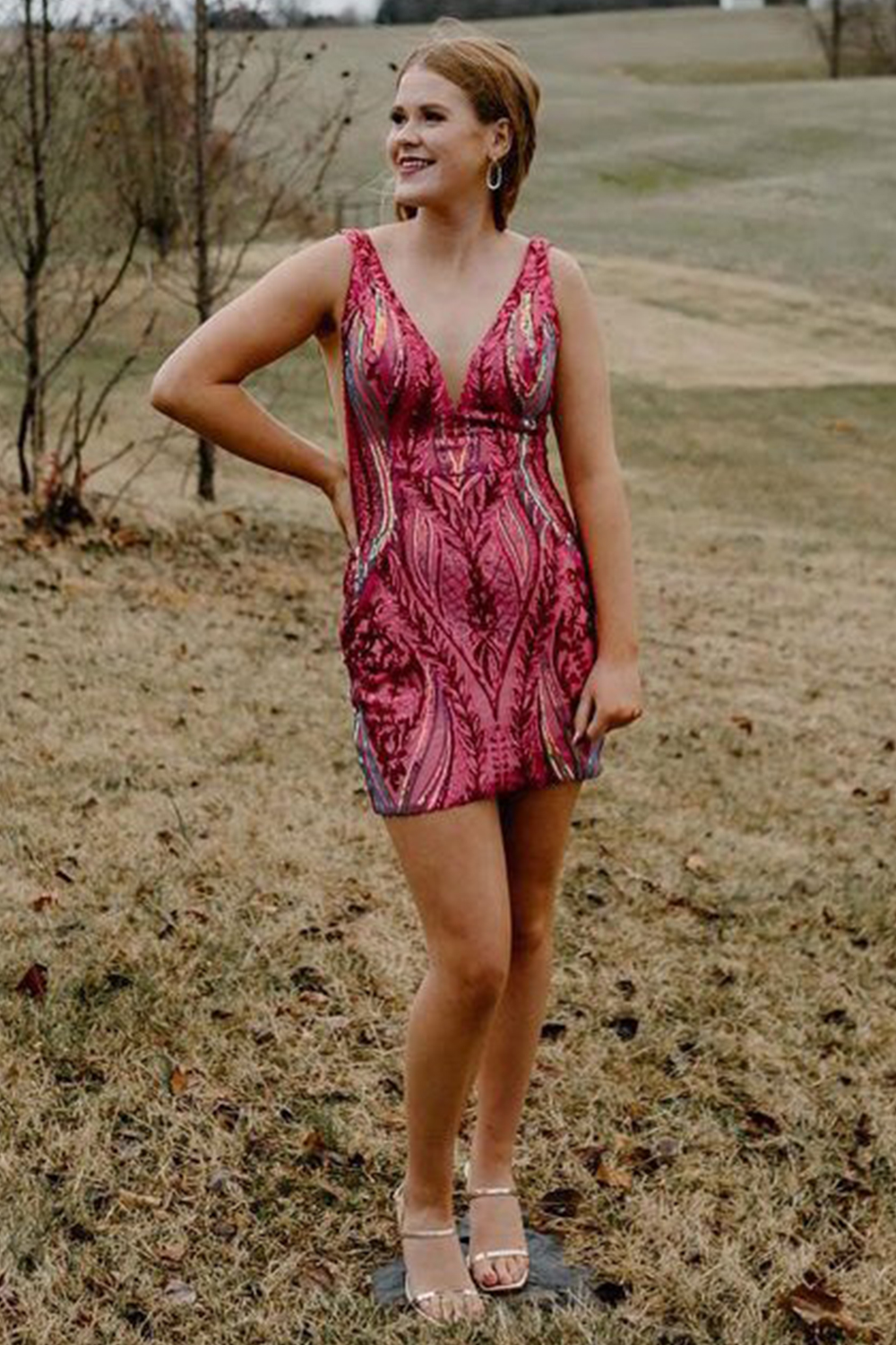 Sparkly Fuchsia V-Neck Sequins Tight Short Homecoming Dress