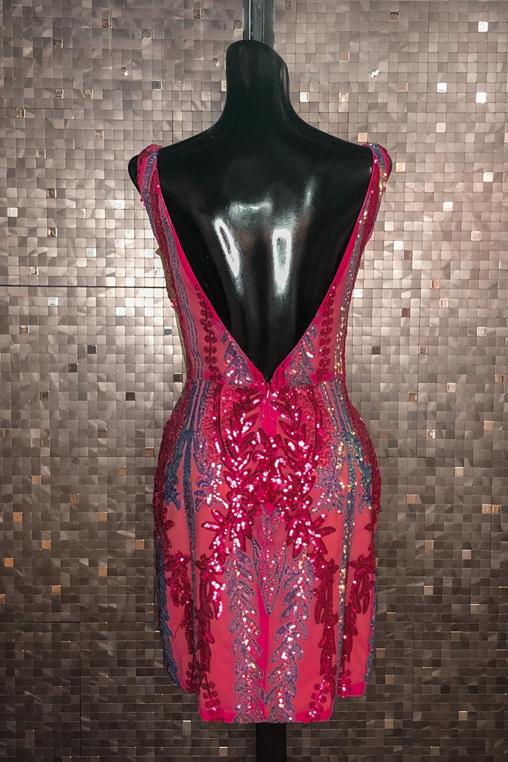 Sparkly Fuchsia Sequined Backless Short Tight Homecoming Dress