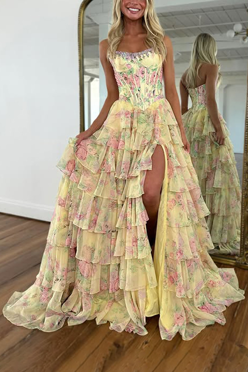 Sparkly Blue Floral Corset Ruffled Tiered A-Line Long Prom Dress with Slit