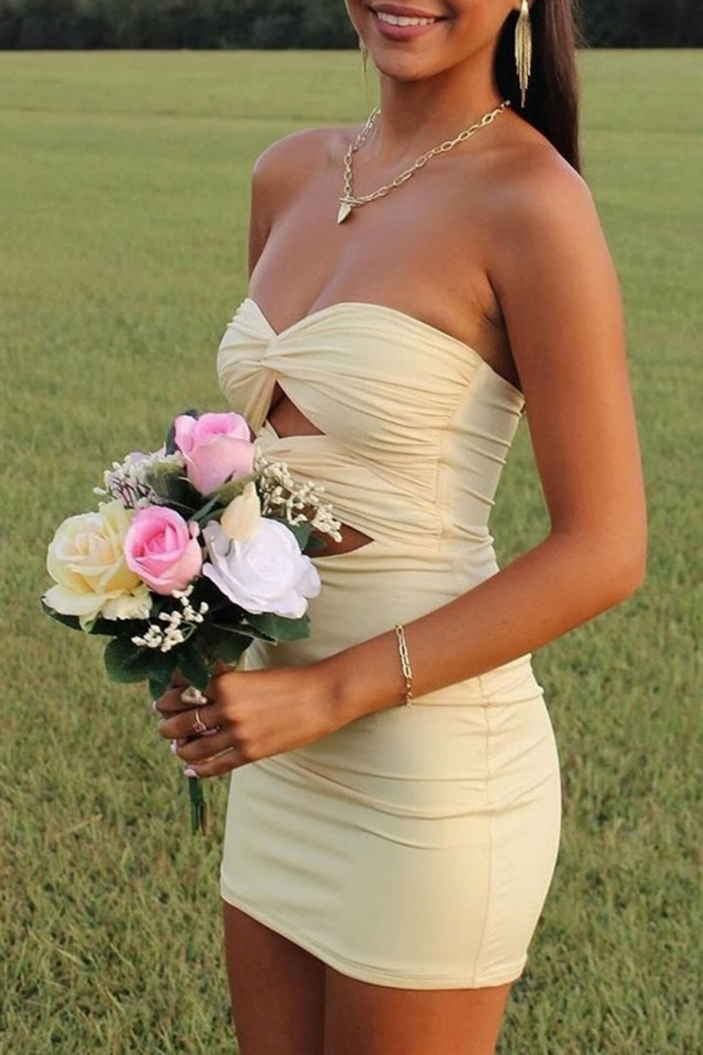 Yellow Bodycon Sweetheart Keyhole Mini Party Dress