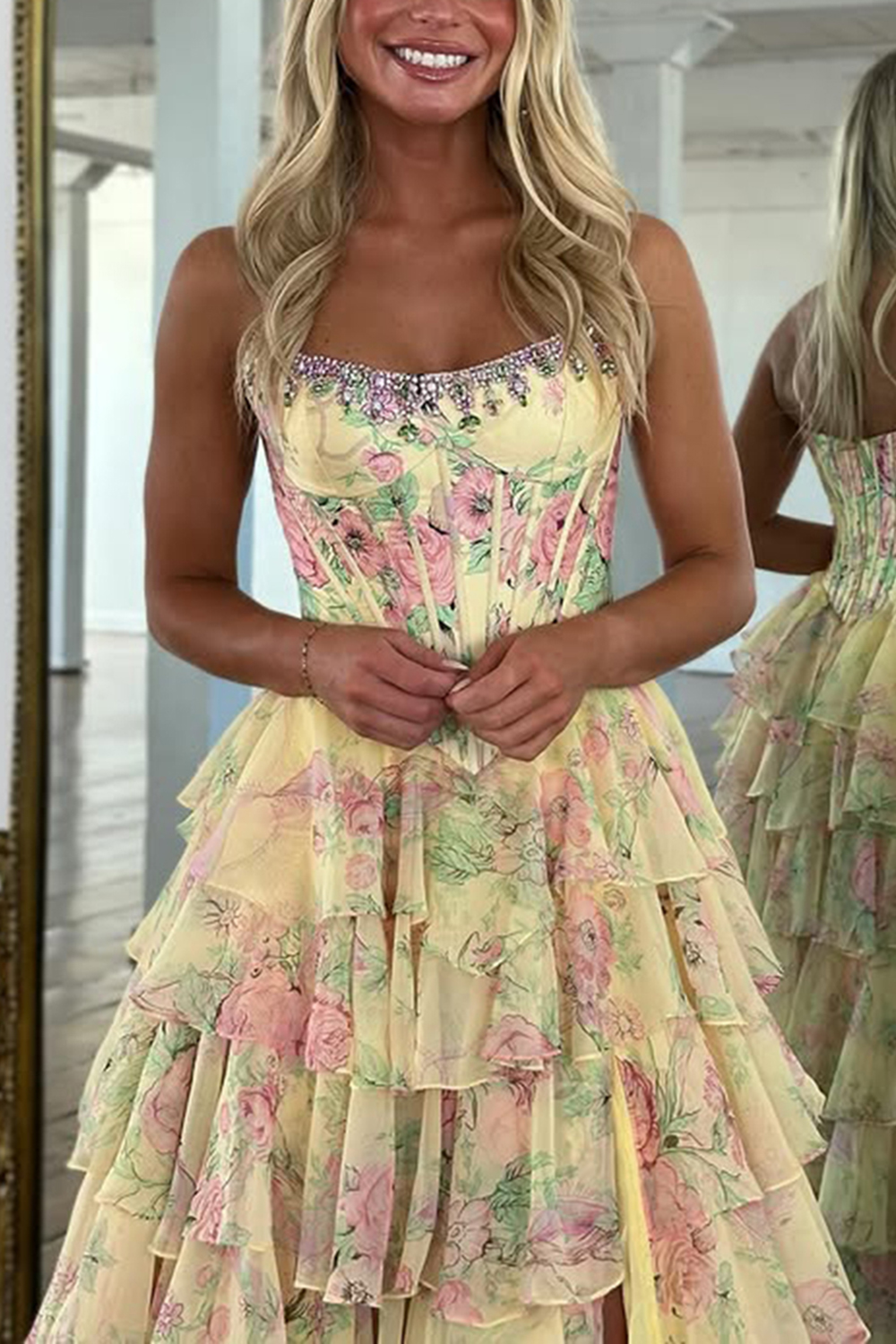 Sparkly Blue Floral Corset Ruffled Tiered A-Line Long Prom Dress with Slit