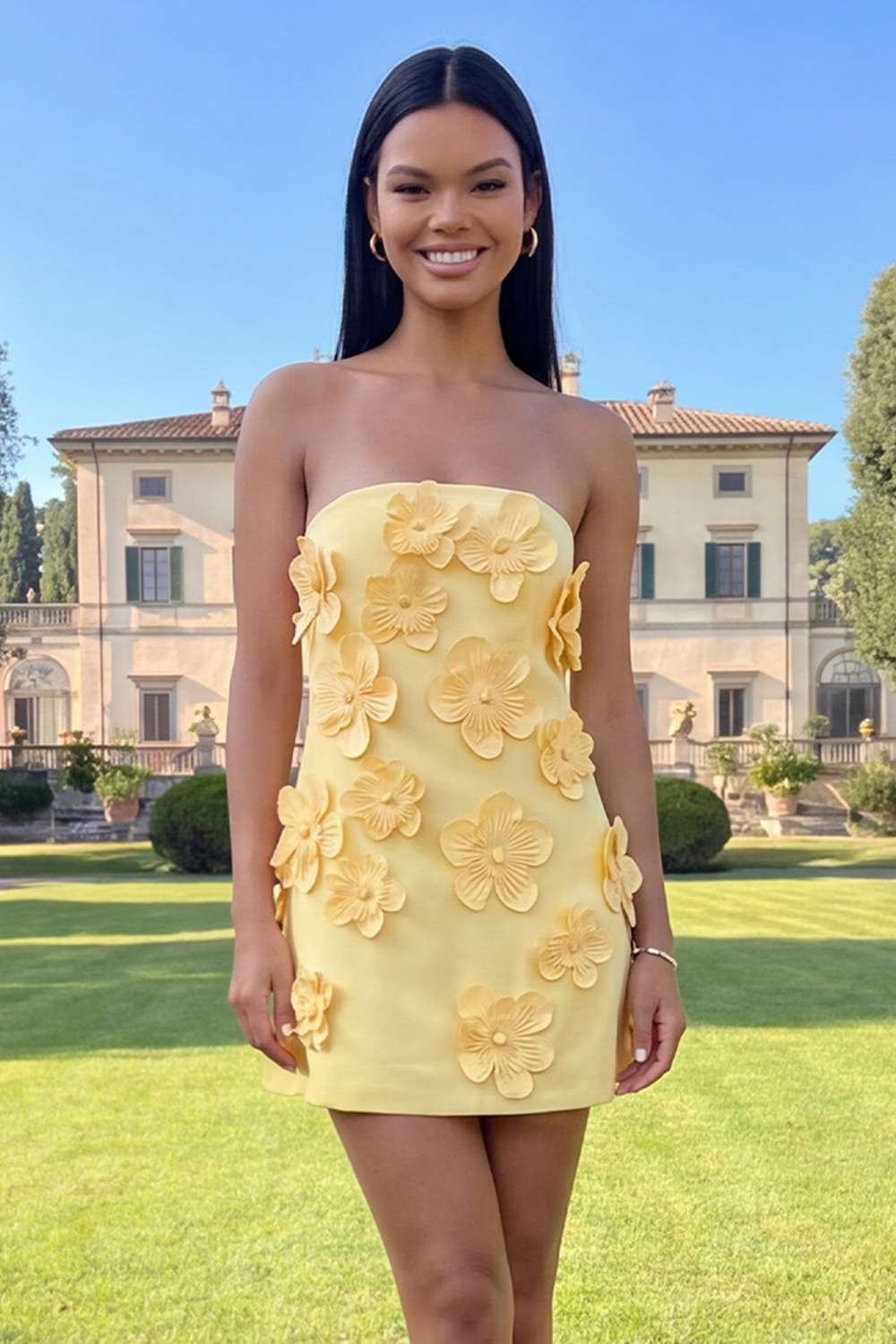 Yellow Floral Strapless Short Homecoming Dress