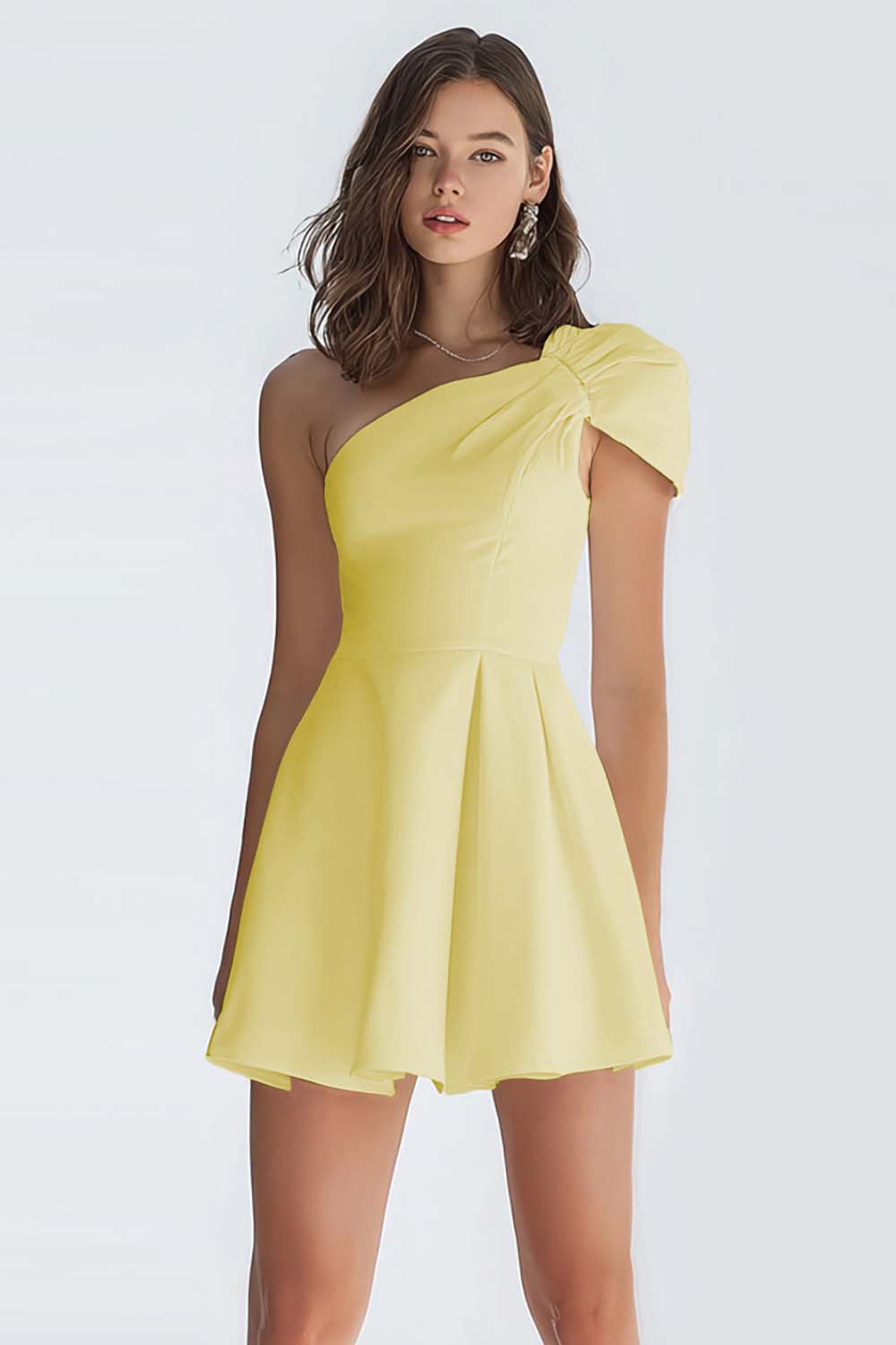 Simple Ivory Satin One Shoulder A-Line Short Homecoming Dress