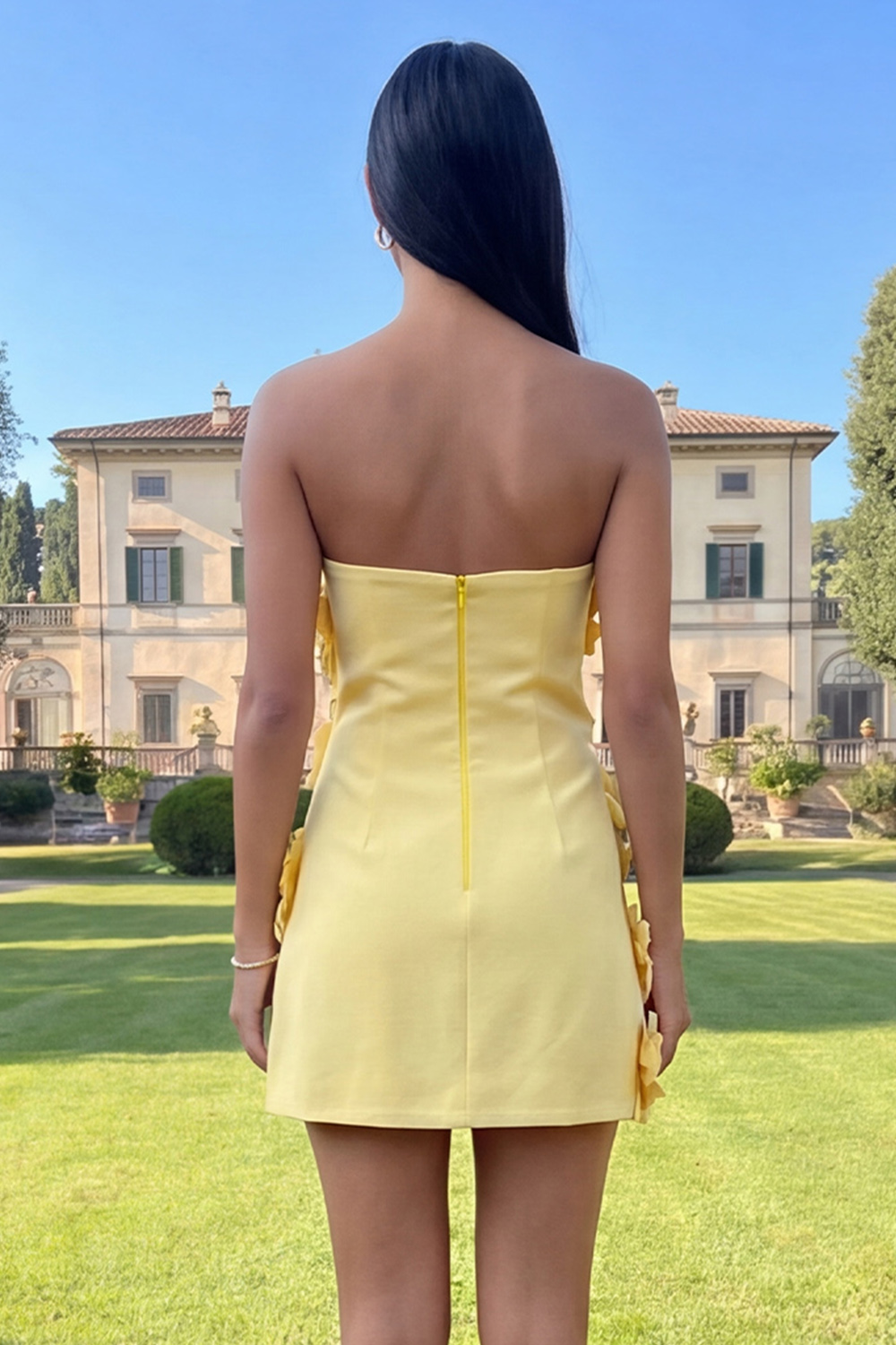 Yellow Floral Strapless Short Homecoming Dress