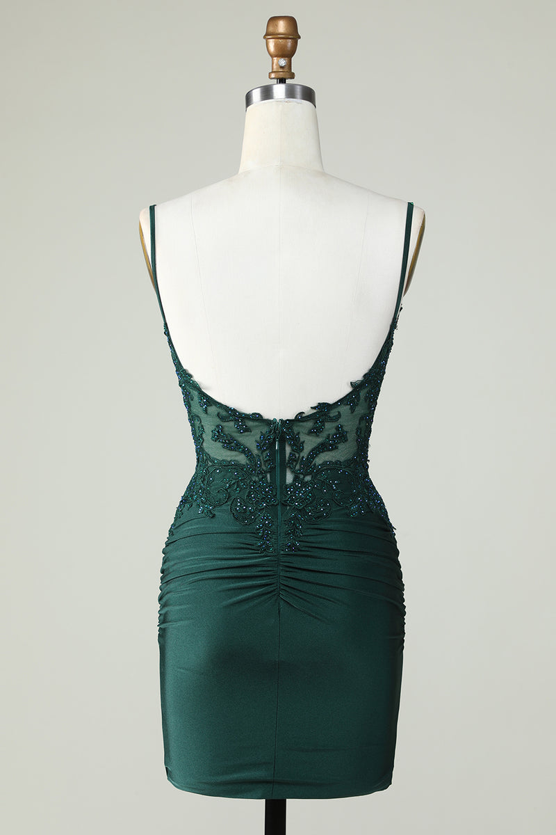 Spaghetti Straps Dark Green Corset Homecoming Dress with Beading