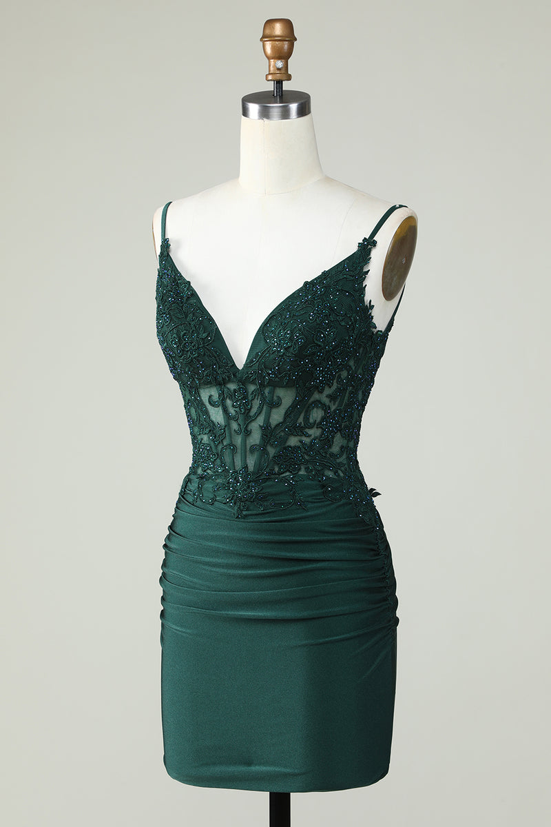 Spaghetti Straps Dark Green Corset Homecoming Dress with Beading