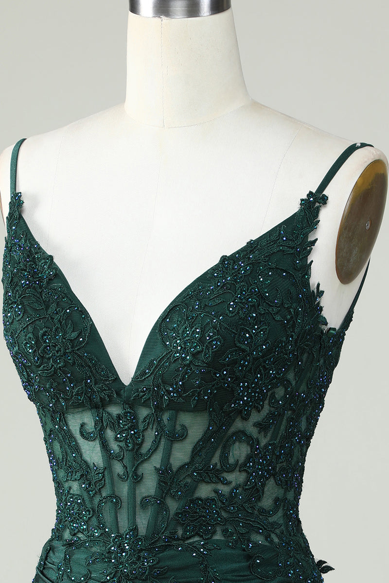Spaghetti Straps Dark Green Corset Homecoming Dress with Beading