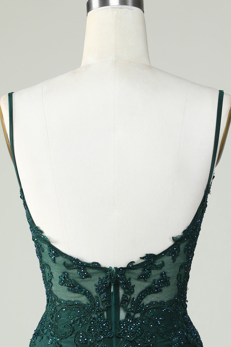 Spaghetti Straps Dark Green Corset Homecoming Dress with Beading