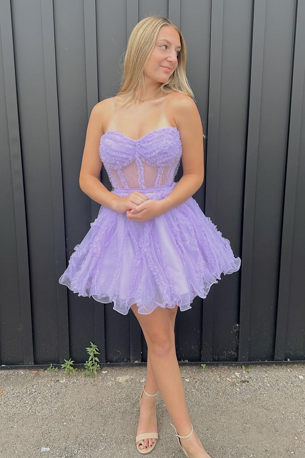Lavender Corset Sweetheart A-Line Short Tulle Homecoming Dress