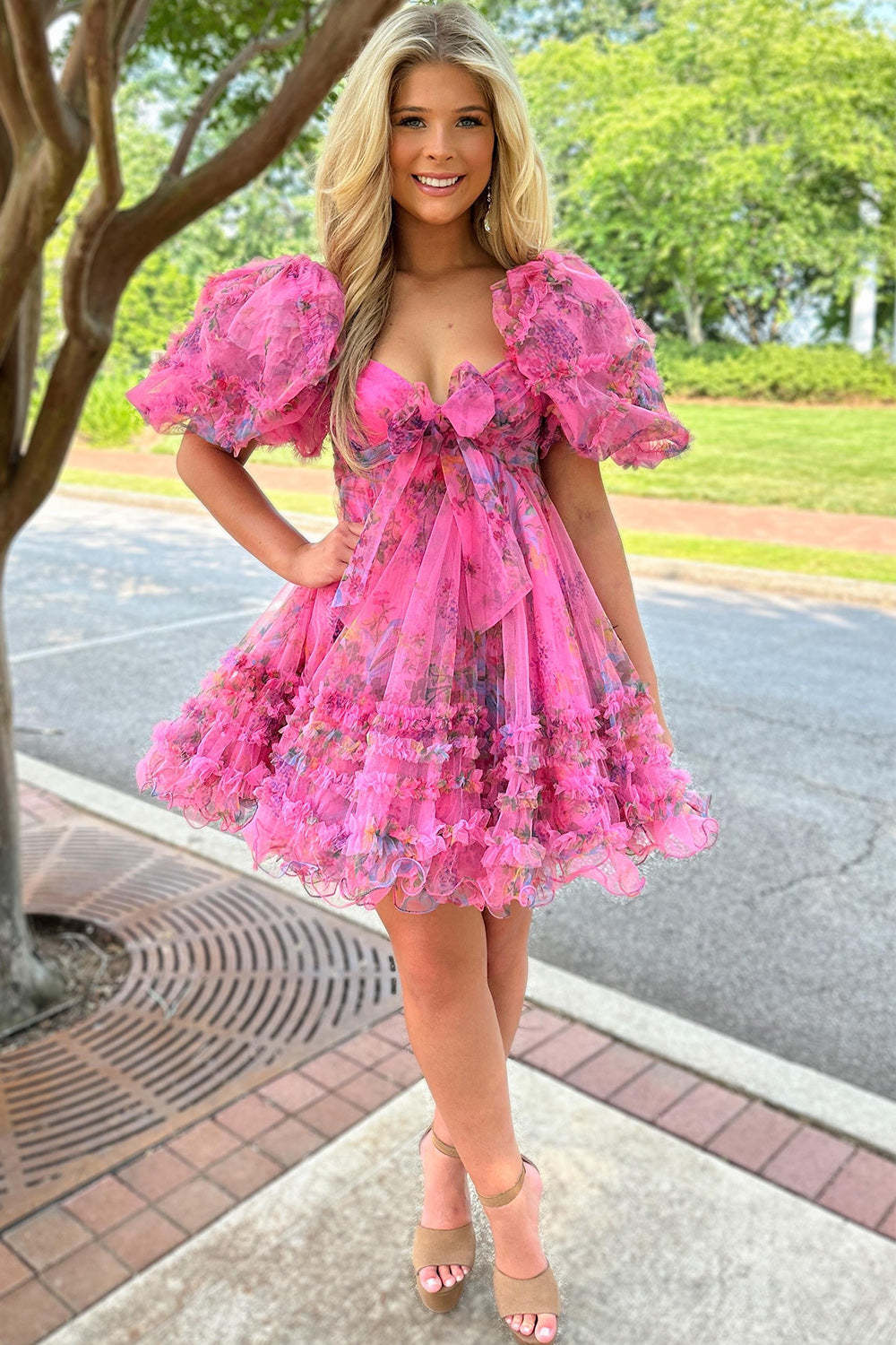 Ivory Puff Sleeves A-Line Floral Short Homecoming Dress with Ruffles