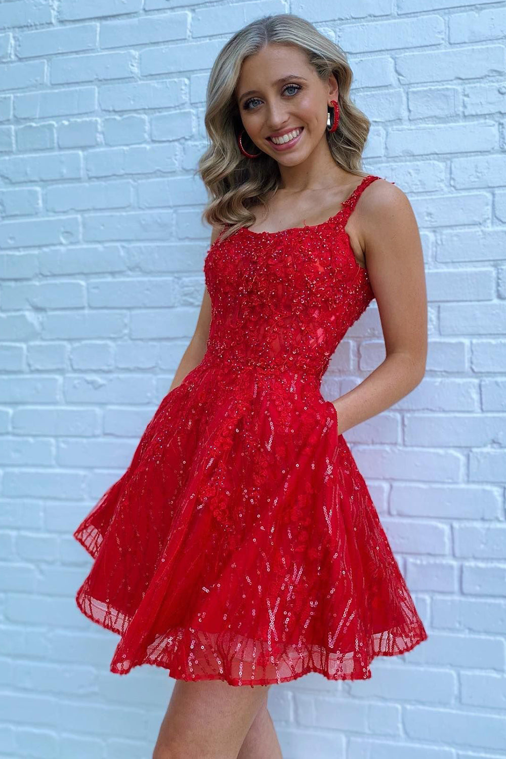 Sparkly Red Sequins A-Line Short Homecoming Dress with Pockets