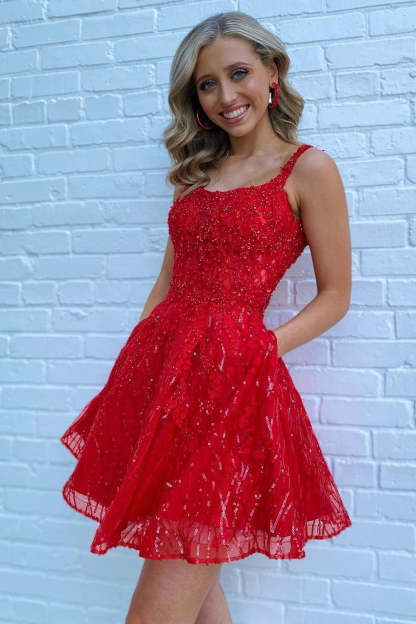 Sparkly Red Sequins A-Line Short Homecoming Dress with Pockets