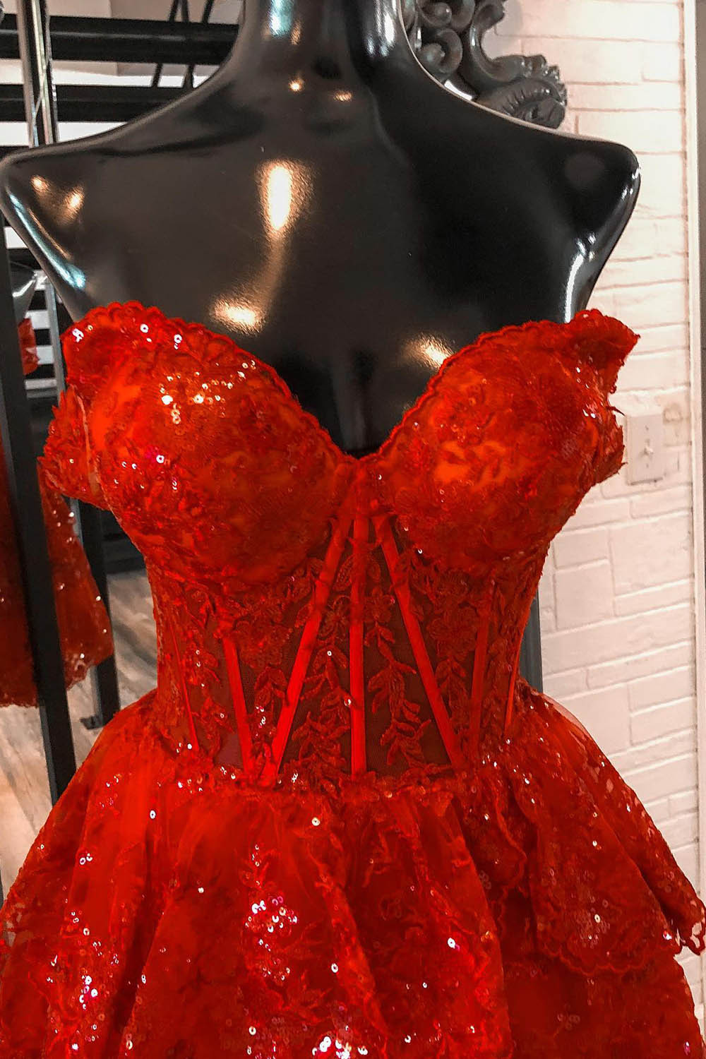 Sparkly Red Corset Tiered Lace A-Line Short Homecoming Dress