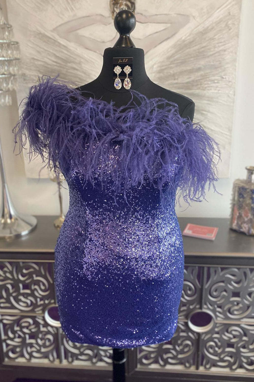 Blue Tight Sequins Homecoming Dress with Feathers