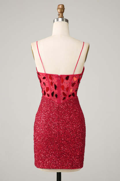 Sparkly Red Sequin Spaghetti Straps Mirror Tight Short Hoco Dress