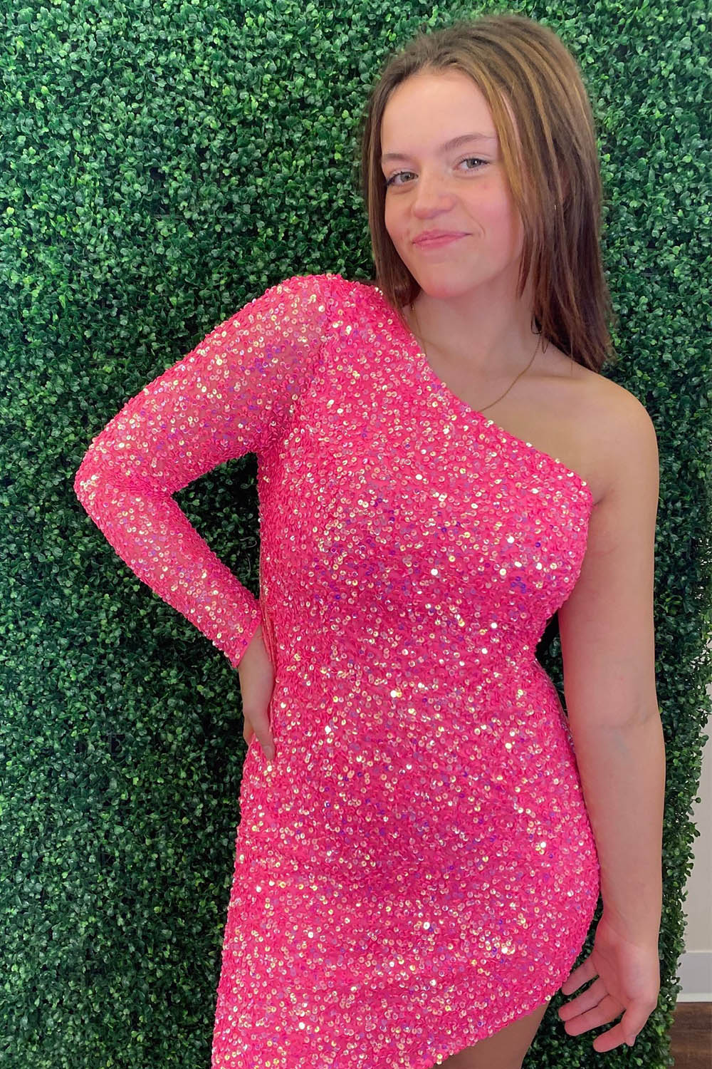 Sparkly Hot Pink One Shoulder Tight Sequins Homecoming Dress with Fringes