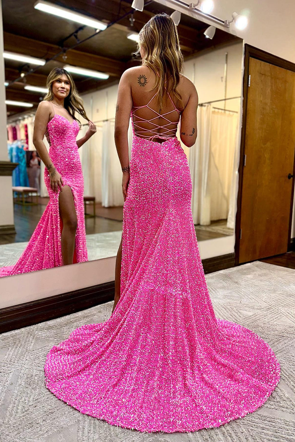 Sparkly Hot Pink Mermaid Sequins Long Prom Dress with Slit
