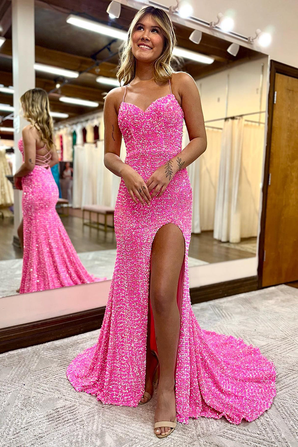 Homrain Women Sparkly Hot Pink Sequins Long Prom Dress with Slit Mermaid Spaghetti Straps Party Dress