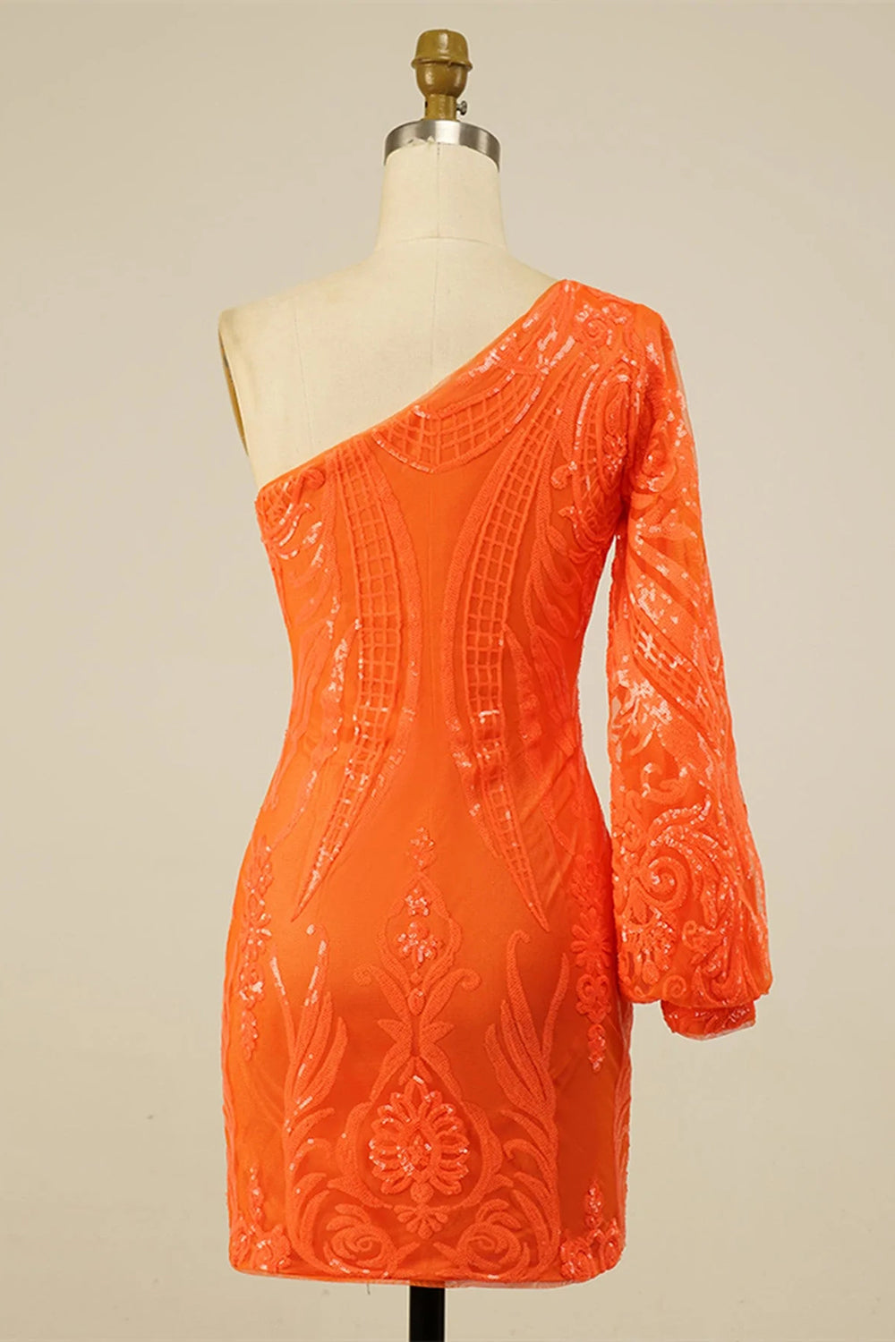 Orange Beaded Sequins One Shoulder Tight Homecoming Dress