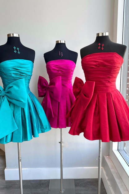 Red Strapless A-Line Satin Short Prom Dress with Bowknot