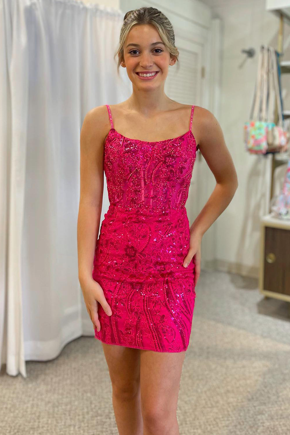 Sparkly Fuchsia Sequined Lace Tight Short Homecoming Dress