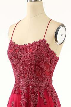 Lavender Spaghetti Straps V Neck Floral Chiffon Prom Dress with Lace UQ2467