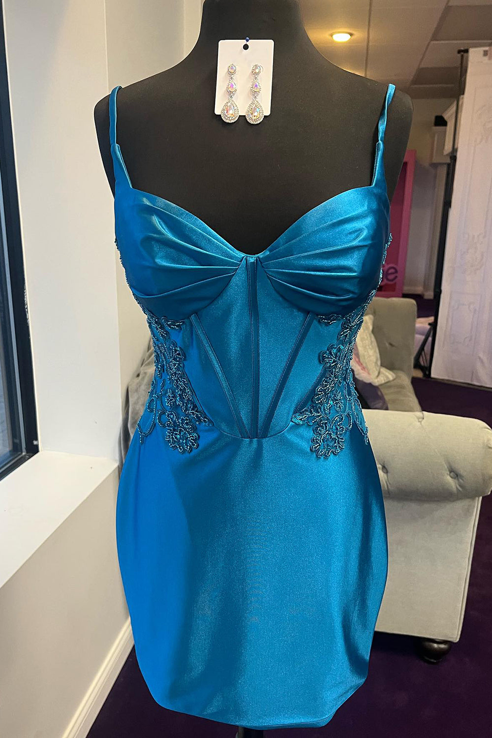 Blue Corset Open Back Tight Short Homecoming Dress with Appliques