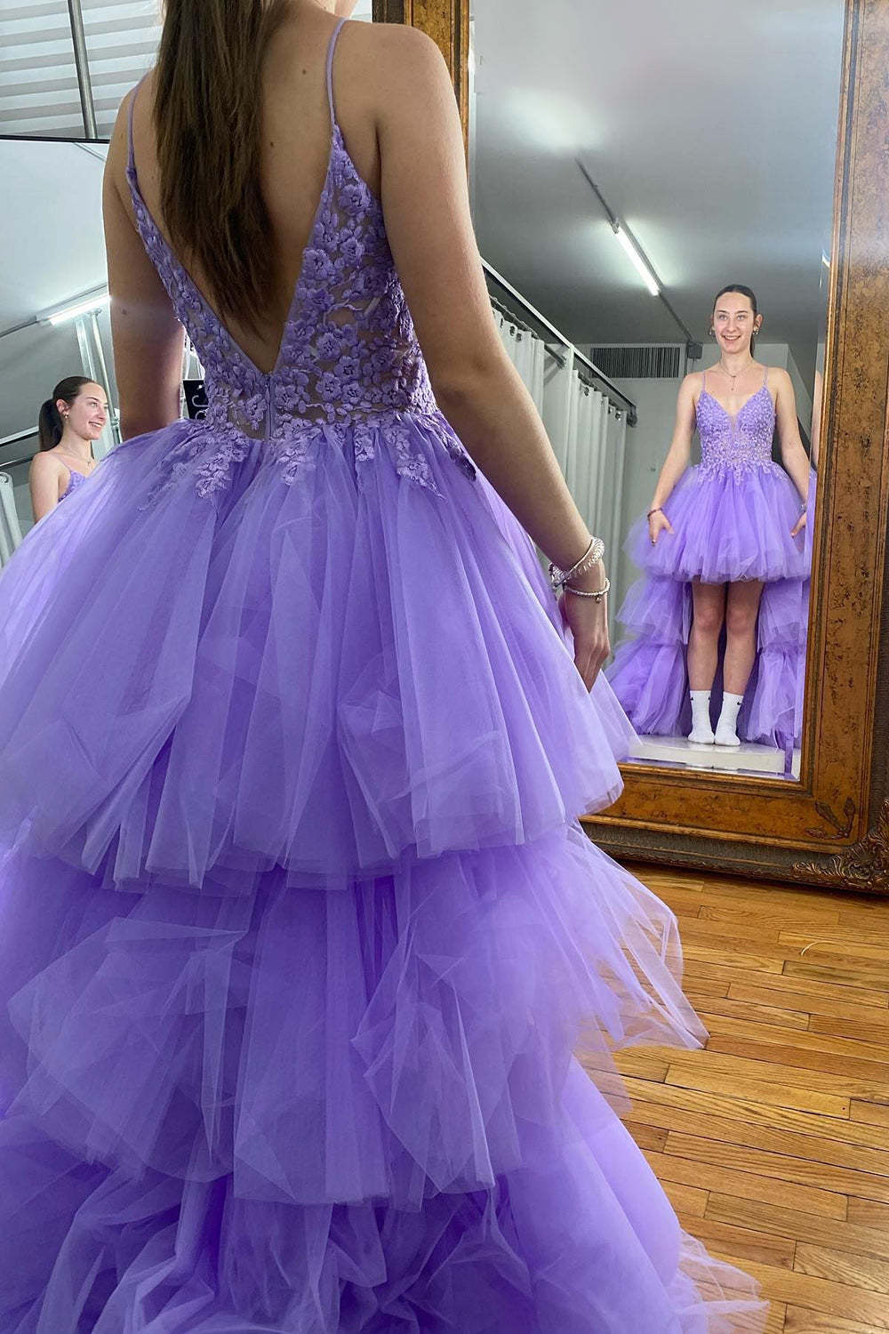 Purple High Low Tiered Homecoming Dress with Lace