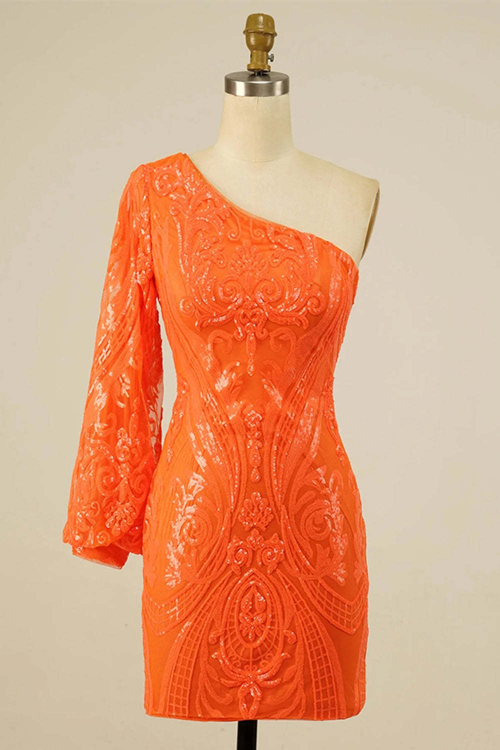 Orange Beaded Sequins One Shoulder Tight Homecoming Dress