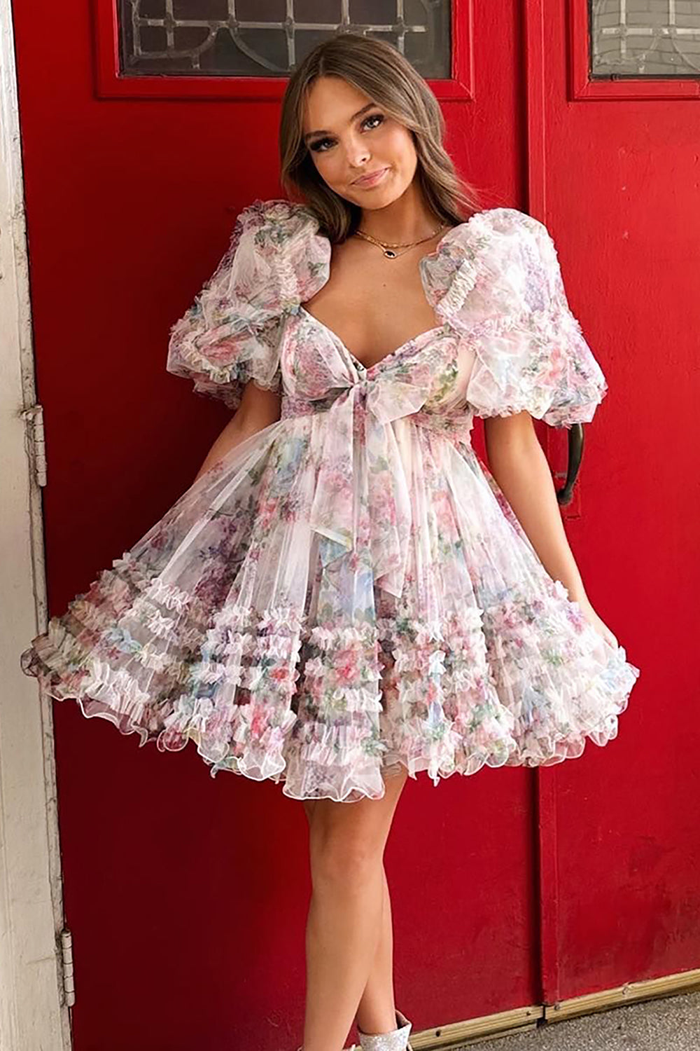 Ivory Puff Sleeves A-Line Floral Short Homecoming Dress with Ruffles