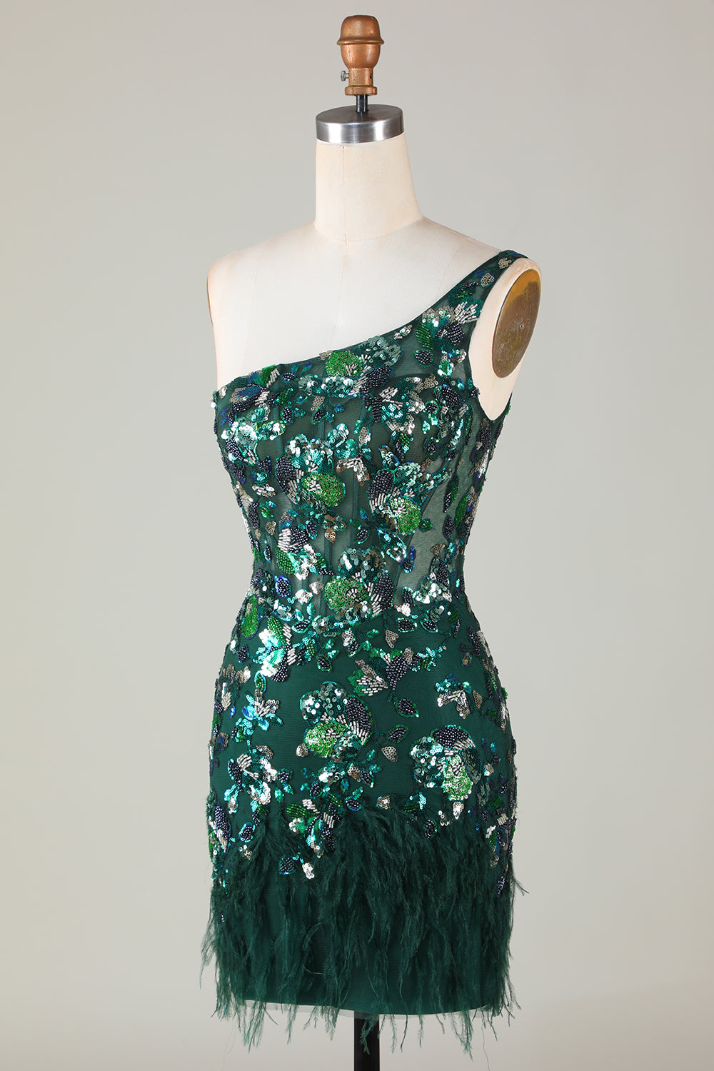 Sparkly Dark Green Tight Short Beaded Homecoming Dress with Feathers
